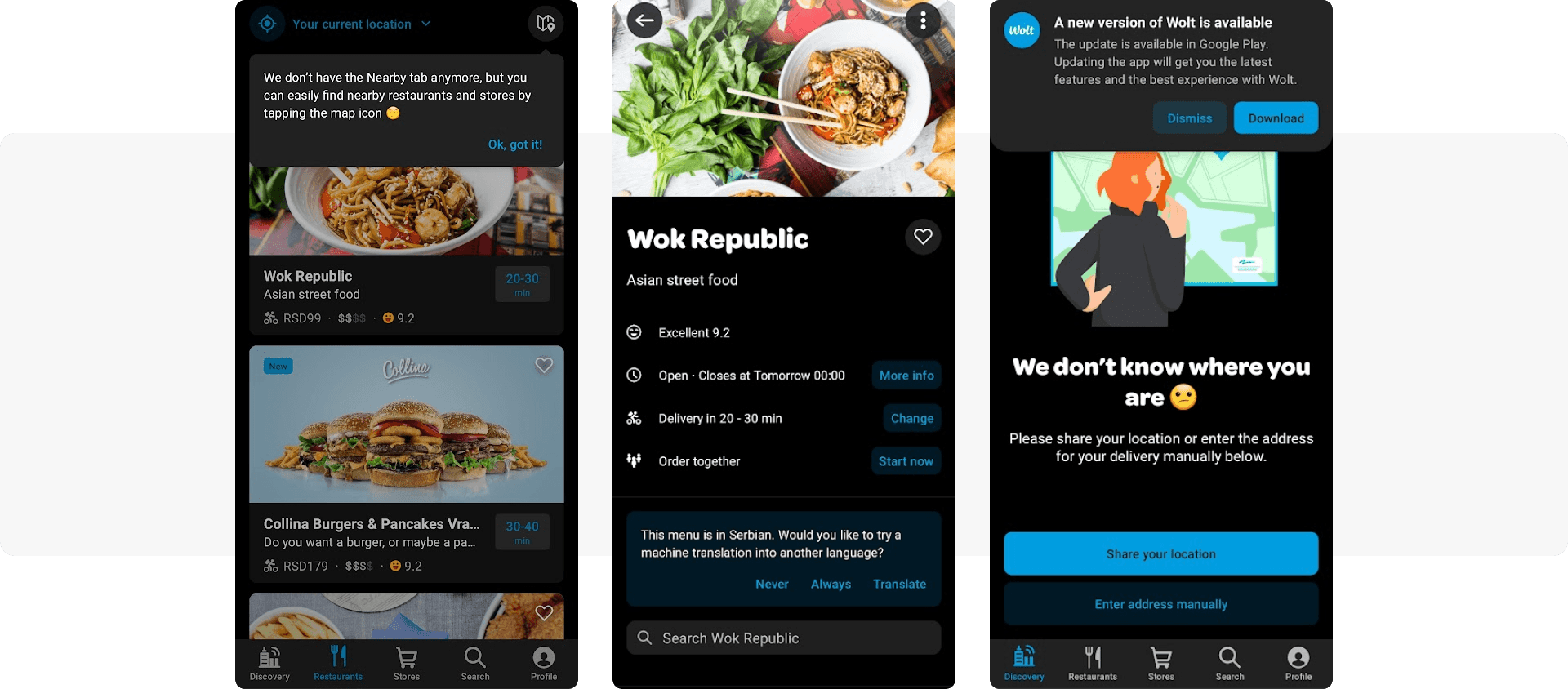 In-app messages to navigate users - Wolt food delivery app