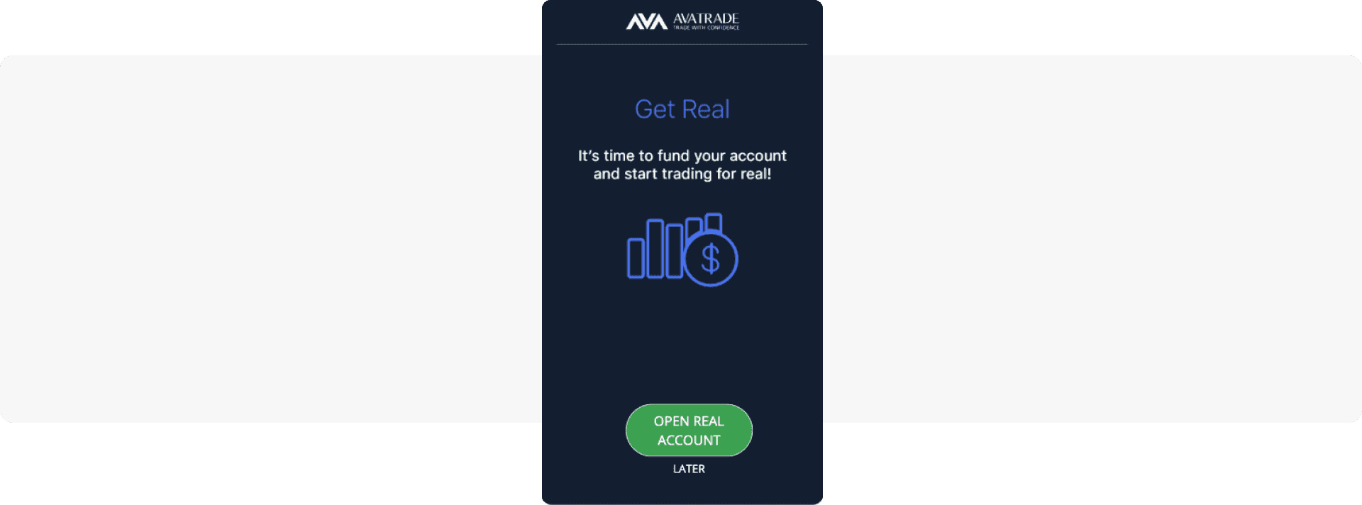 Register a real account - in-app message - AvaTrade