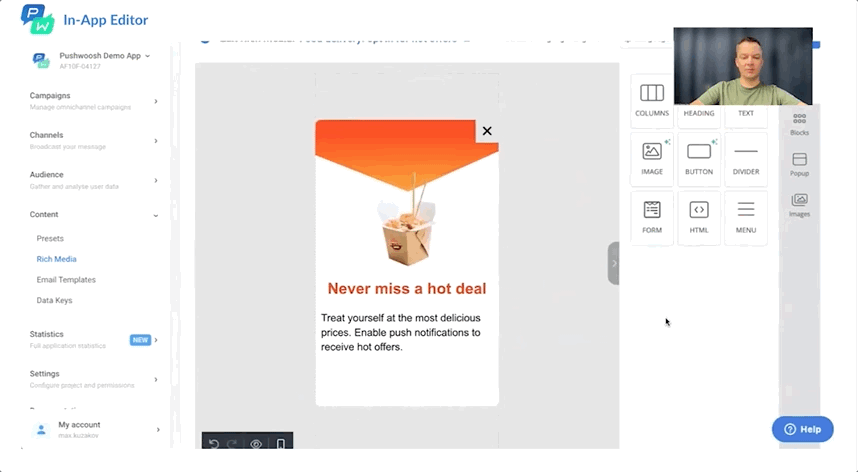 Editor rich media de Pushwoosh