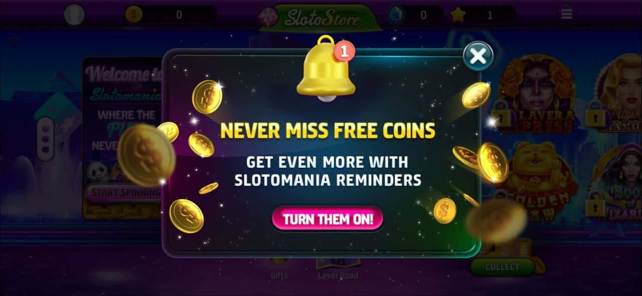 Push notification opt-in request - Slotomania game app example