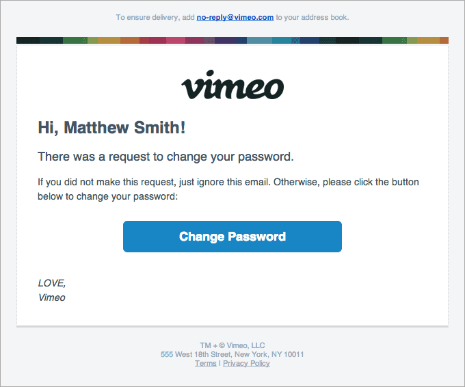 Password reset triggered email example by Vimeo