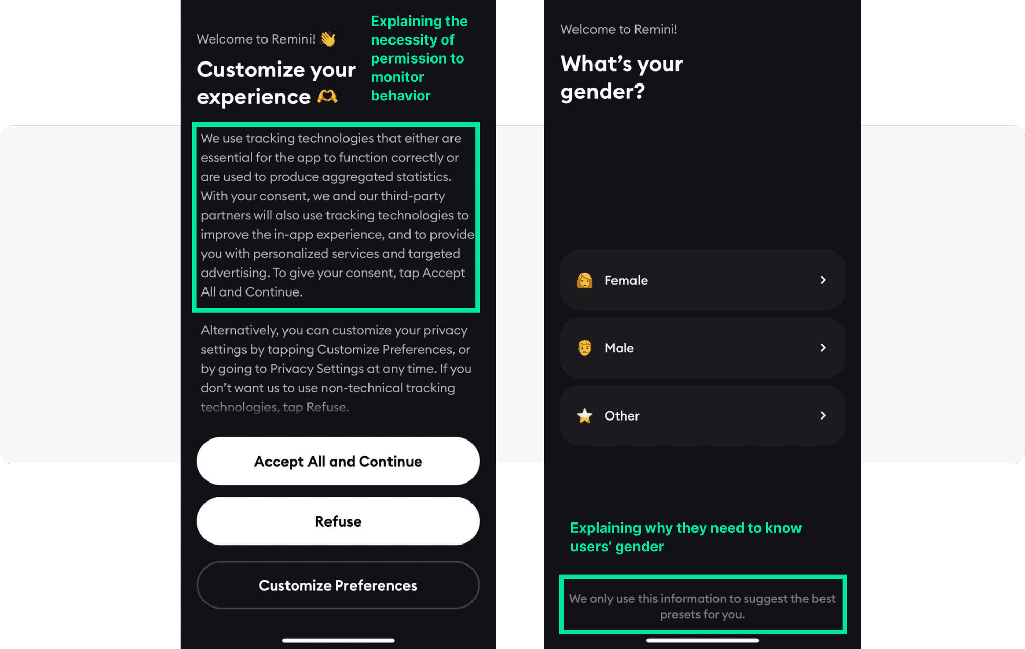 Remini app onboarding welcome in-apps