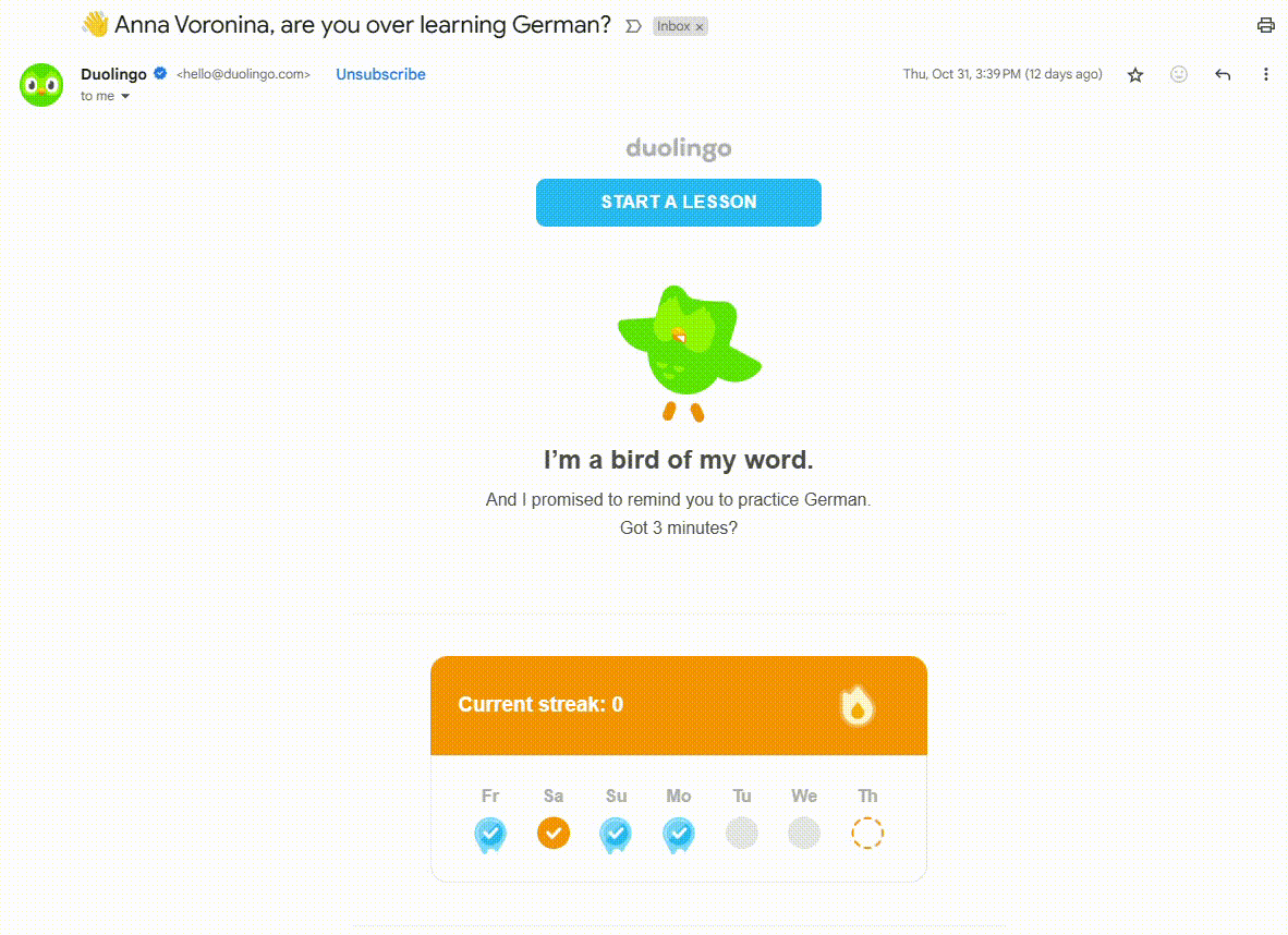 Duolingo email reminder example