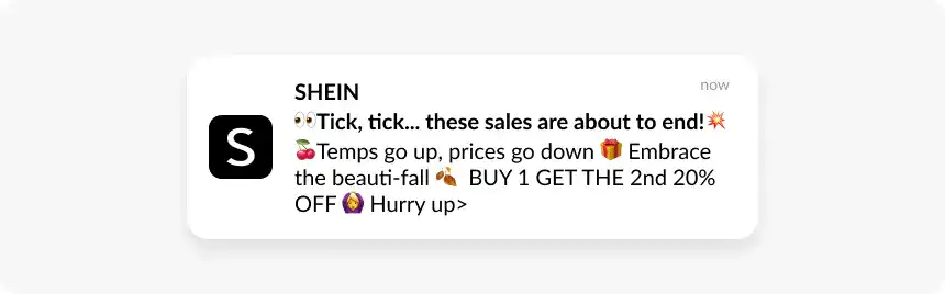 Shein promotional push notification example